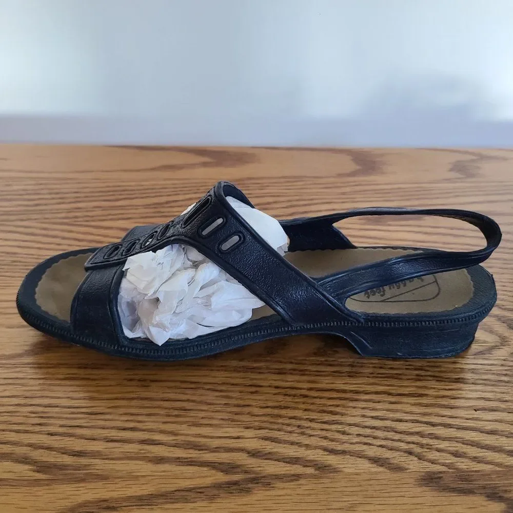 Vintage Women's Happy Feet Navy T-Strap Sandals Size 24 CM ~7 US Made Corona, CA